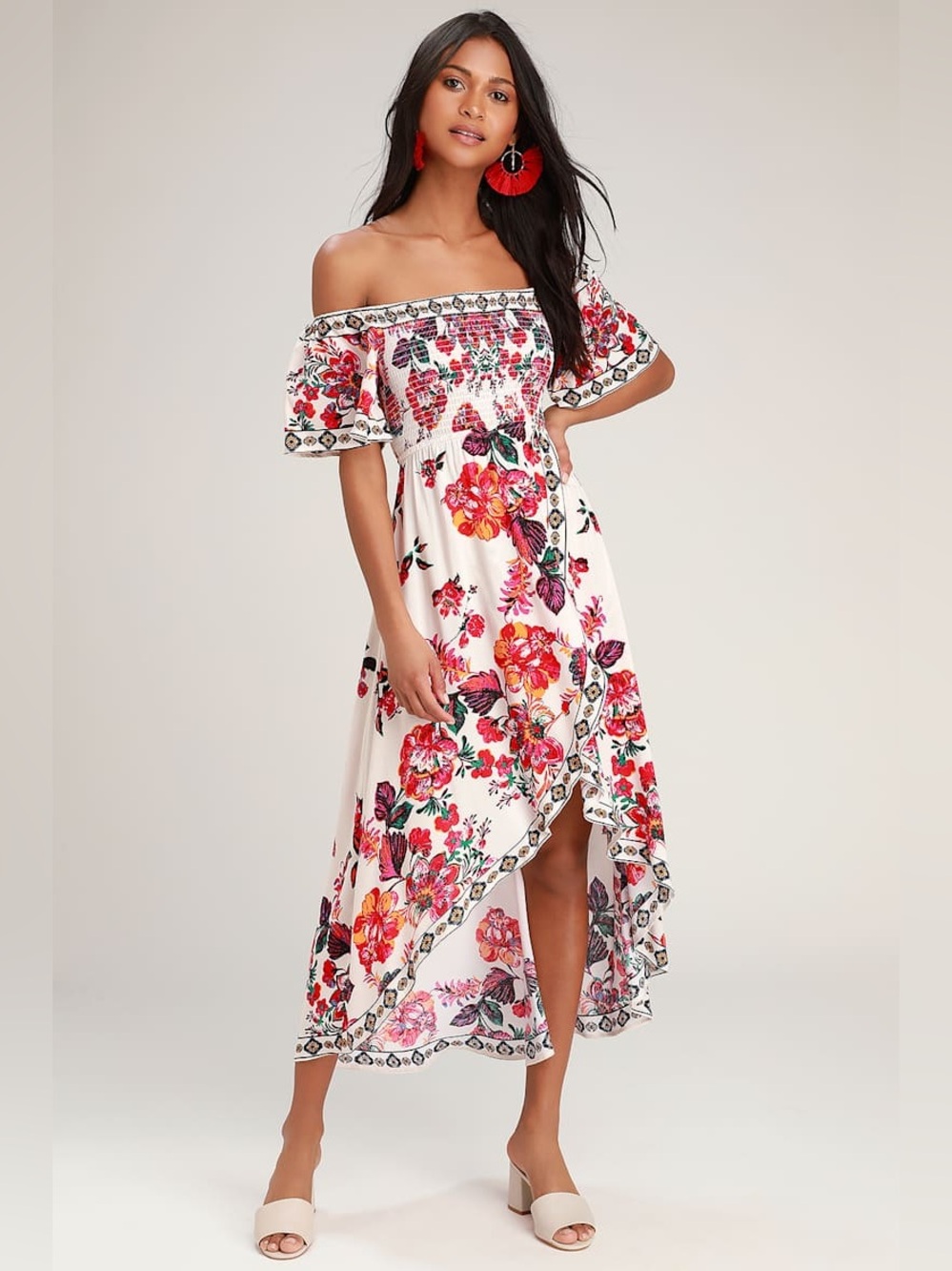 Lulus | Danica Ivory Floral Print Smocked High-Low Maxi Dress, XS